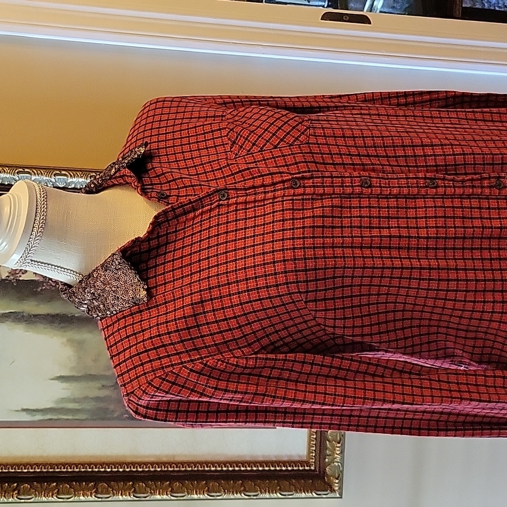 Merona red black plaid shirt copper sequin long slv 1 pocket 100% cotton S EUC …